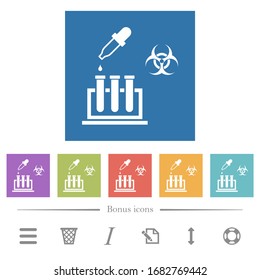 Experimente biológico iconos blancos planos en fondos cuadrados. 6 iconos de bonificación incluidos.