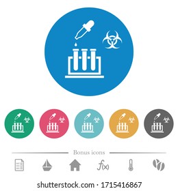 Biological experiment flat white icons on round color backgrounds. 6 bonus icons included.