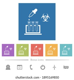 Biological experiment flat white icons in square backgrounds. 6 bonus icons included.