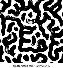 Biological grunge squiggle lines seamless pattern. Coral or natural cells structure. Monochrome organic shapes, maze brush strokes with scuffs. Vector background with messy doodles, bold curvy lines.