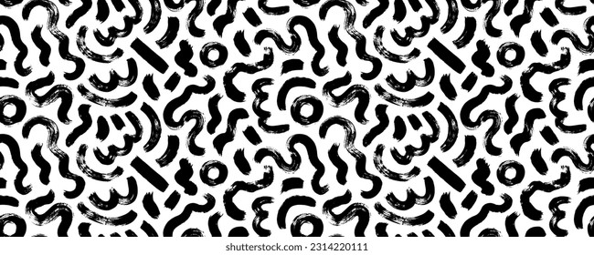 Biological grunge squiggle lines seamless pattern. Brush drawn bold curved strokes, thick waves and circles. Arches and straight brush strokes. Vector organic irregular circular lines.