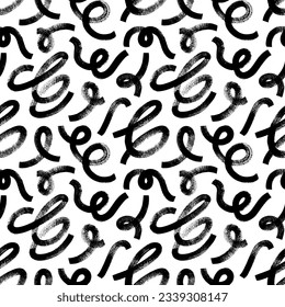 Biological grunge squiggles seamless pattern. Hand drawn bold grunge wavy and swirles brush strokes with loops. Vector rough curly smears with scribbles. Simple childish scribble wallpaper print.