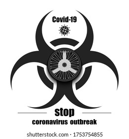 Biological hazard with bicycle wheel. Coronavirus sign. Stop covid-19 outbreak. Caution risk disease 2019-nCoV. Cancellation of sports tournaments. Cycling quarantined. Vector illustration