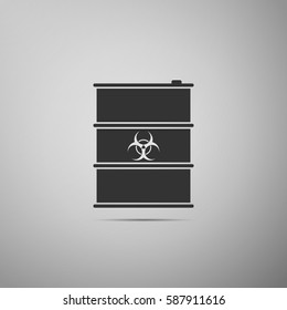 Biological hazard or biohazard barrel flat icon on grey background. Toxic refuse keg. Radioactive garbage emissions, environmental pollution, danger of ecological disaster. Vector Illustration