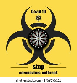 Biological hazard with dartboard. Coronavirus sign. Stop covid-19 outbreak. Caution risk disease 2019-nCoV. Cancellation of sports tournaments. Darts quarantined. Vector illustration