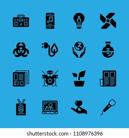 biological hazard, drum set, electricity, radio, idea, newspaper, windmill, id card and plant vector icon. Simple icons set