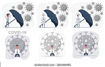 Biological hazard. Epidemic of the coronavirus. Man in a protective suit and mask. Portrait of a sick man with coronavirus. Vaccine from, flu, coronavirus, TB. Vector flat design illustration.