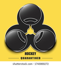 Biological hazard with hockey puck. Coronavirus sign. Stop covid-19 outbreak. Caution risk disease 2019-nCoV. Cancellation of sports tournaments. hockey quarantined. Vector illustration