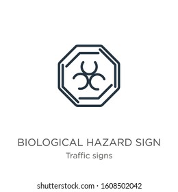 Biological hazard sign icon. Thin linear biological hazard sign outline icon isolated on white background from traffic signs collection. Line vector sign, symbol for web and mobile