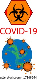 Biological hazard.warning sign.Covid-19 coronavirus. the entire globe is covered with a virus.vector illustration.