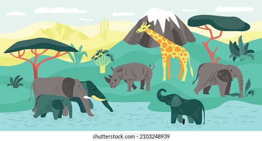 Biological hierarchy composition of wild landscape with exotic plants trees and elephants with giraffe and rhinoceros vector illustration