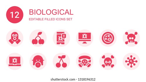 biological icon set. Collection of 12 filled biological icons included Gas mask, Cherry, Virus, Petri dish