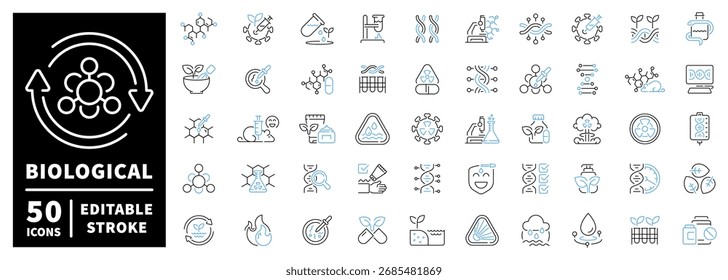 Conjunto de iconos biológicos: iconos de línea editables, ciencia, símbolos de investigación para uso en laboratorio