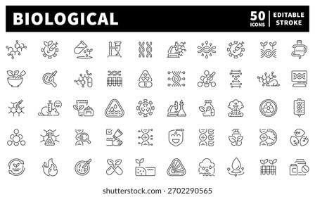Conjunto de iconos biológicos. iconos de línea editables, esquema, laboratorio y símbolos de ciencia