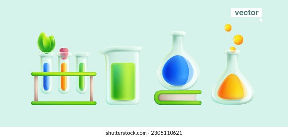 Biological laboratory equipment. Realistic 3D render glass tube, flask, and beaker with color liquid and green leaves. Eco vector illustration. Agriculture, Botany laboratory art for web banner.