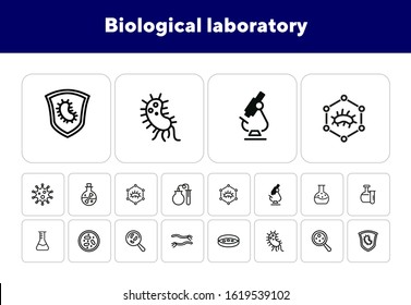 Biological laboratory line icon set. Set of line icons on white background. Science concept. Laboratory, flask, lens. Vector illustration can be used for topics like biology, investigation, study