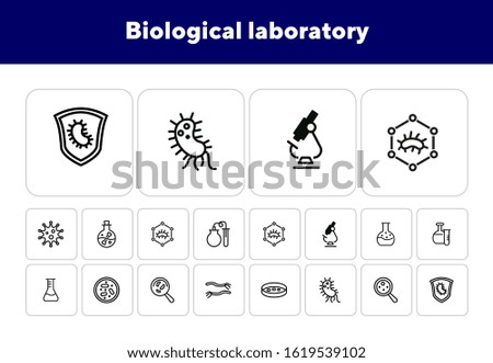 Biological laboratory line icon set. Set of line icons on white background. Science concept. Laboratory, flask, lens. Vector illustration can be used for topics like biology, investigation, study