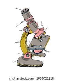 Biological Microscope vector illustration hand drawn. Laboratory equipment science education symbol. School Microscope structure for experiment, research clip art