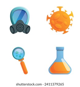 Biological pollution icons set cartoon vector. Gas mask, bacteria and lab flask. Environmental pollution