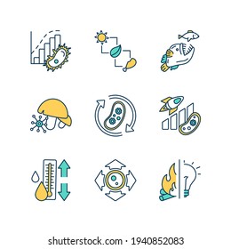 Biological processes RGB color icons set. Food chain. Living organism growth. Human and microbial evolution. Aquatic food web. Trophic pyramid. Yeasts, mildews and molds. Isolated vector illustrations