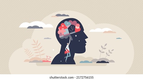 Biological psychology as study of biology of behavior tiny person concept. Mental health research and mind process learning vector illustration. Medical neurology science with person inner thoughts.