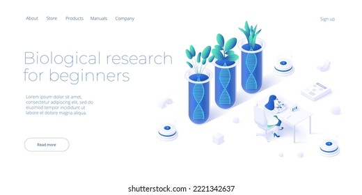 Biological research concept in isometric vector illustration. Scientist looking through microscope at plant dna spiral. Web banner layout template