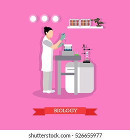 Biological research concept vector illustration in flat style. Biological laboratory interior. Biologist woman is working with laboratory glassware and equipment.