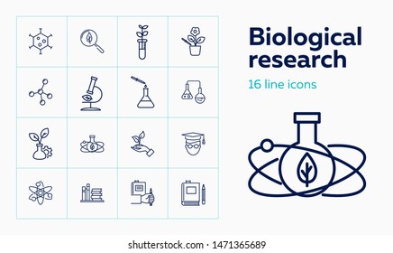 Biological research icons. Set of line icons. Leaf, laboratory, experiment. Study concept. Vector illustration can be used for topics like chemistry, microbiology, ecology