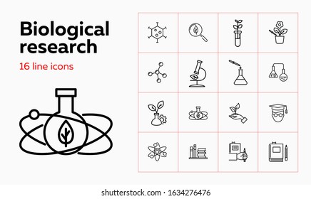 Biological research icons. Set of line icons. Leaf, laboratory, experiment. Study concept. Vector illustration can be used for topics like chemistry, microbiology, ecology