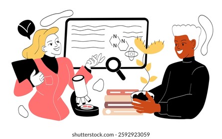 Biological research in lab. Man and woman examining plant with microscope. Scientific research in laboratory. Biologists examine structure of plant. Linear vector illustration