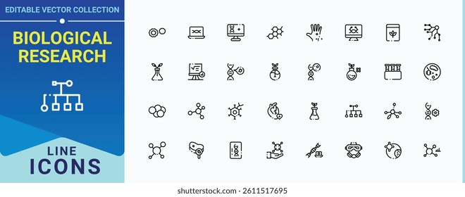 Biological Research related icon. It contains symbols to chemistry, chemical, bio, scientific, technology. Biology icon set. Minimalist icons collection. Editable vector art and illustration.