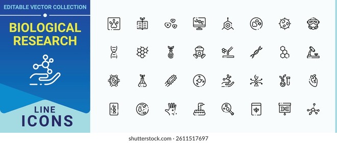 Biological Research related icon. It contains symbols to chemistry, chemical, bio, scientific, technology. Biology icon set. Minimalist icons collection. Editable vector art and illustration.