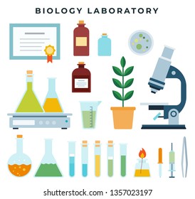 Biological research or teaching laboratory equipment, set of flat icons. Flask, spirit lamp, jar, microscope, vial, plant, Petri dish, beaker. Biological, scientific, educational vector illustration.