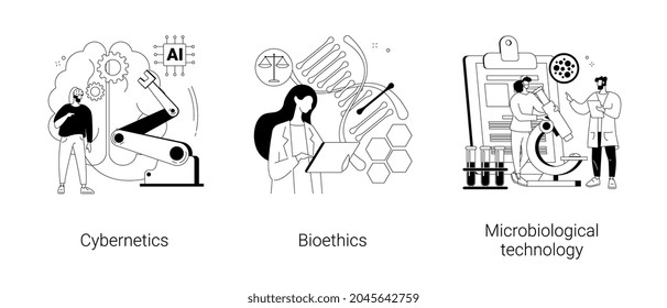 Conjunto de ilustraciones vectoriales del concepto abstracto de la ciencia biológica. Ciberética y bioética, tecnología microbiológica, industria robótica, ética médica e investigación en biotecnología, metáfora abstracta de laboratorio.