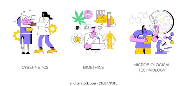 Biological science abstract concept vector illustration set. Cybernetics and bioethics, microbiological technology, robotic industry, medical ethics and biotech research, laboratory abstract metaphor.