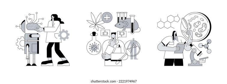 Biological science abstract concept vector illustration set. Cybernetics and bioethics, microbiological technology, robotic industry, medical ethics and biotech research, laboratory abstract metaphor.