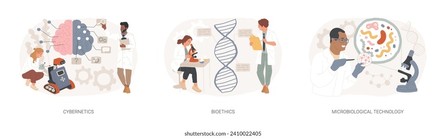 Biological science isolated concept vector illustration set. Cybernetics and bioethics, microbiological technology, robotic industry, medical ethics and biotech research, laboratory vector concept.