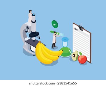 Biological scientists research of food isometric 3d vector concept for illustration, banner, website, landing page, flyer, etc.