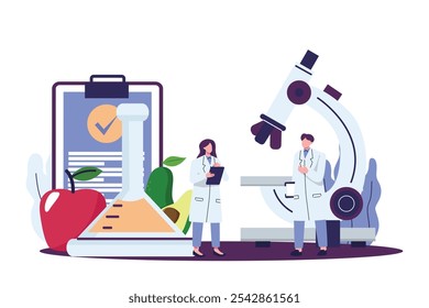 Biological scientists research of food. Tiny chemists testing product to learn about safety flat illustration design