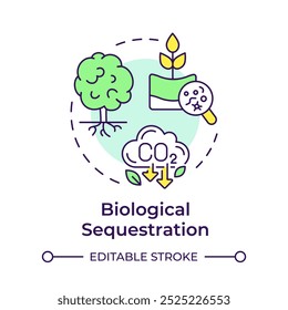 Ícone de conceito multi-cor de sequestro biológico. Planta de carbono, florestação. Emissão de CO2. Ilustração de linha de forma redonda. Ideia abstrata. Design gráfico. Apresentação infográfica e fácil de usar