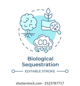ícone de conceito azul suave de sequestro biológico. Planta de carbono, florestação. Emissão de CO2. Ilustração de linha de forma redonda. Ideia abstrata. Design gráfico. Apresentação infográfica e fácil de usar