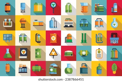 Biological station icons set flat vector. Biogas cycle. Waste energy fuel
