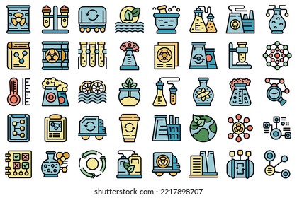 Biological station icons set outline vector. Cycle agriculture. Biomass waste thin line color flat on white