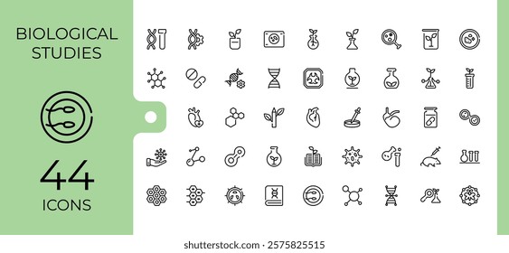 Biological Studies icon pack. Includes thin line laboratory, school, flask, ar, microscope and more. Symbol. Vector icons editable stroke.