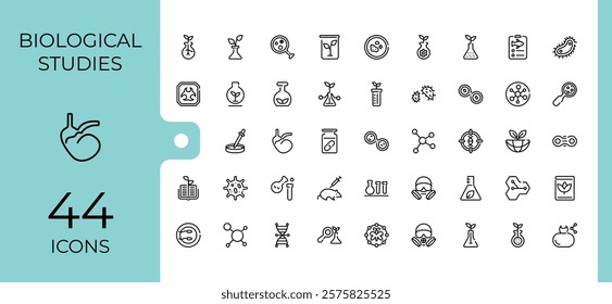 Biological Studies icon pack. Includes thin line laboratory, school, flask, ar, microscope and more. Symbol. Vector icons editable stroke.