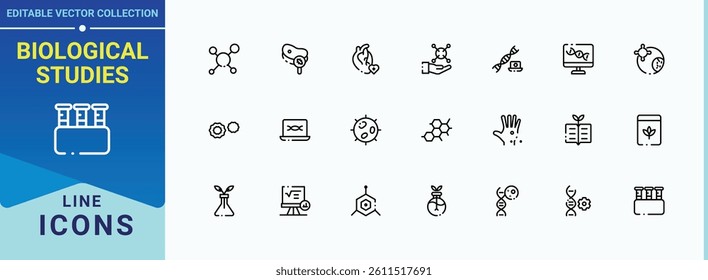 Biological Studies vector line icon set. Biology vector icon set. Scientific vector outline icons collection. Minimal icons set. Editable vector.