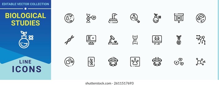 Biological Studies vector line icon set. Biology vector icon set. Scientific vector outline icons collection. Minimal icons set. Editable vector.