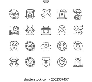Biological war. Radiation cloud. Nuclear bomb and virus. Gas mask. Destruction of people. Pixel Perfect Vector Thin Line Icons. Simple Minimal Pictogram