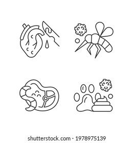 Biological waste linear icons set. Animal waste that pollutes environment. Parasites spreading diseases. Customizable thin line contour symbols. Isolated vector outline illustrations. Editable stroke