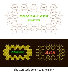 Biologically active additive and vitamins. Molecule or chemical formula and molecular structure. 2d and 3d vector illustration, isolated on white background. 